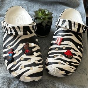 CROCS Black and White Zebra Clogs with Charms